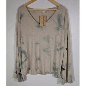 NWT POL Tie Dye Stars Lagenlook Wool V-Neck Drop Shoulders Boho Y2K Top sz L Mb